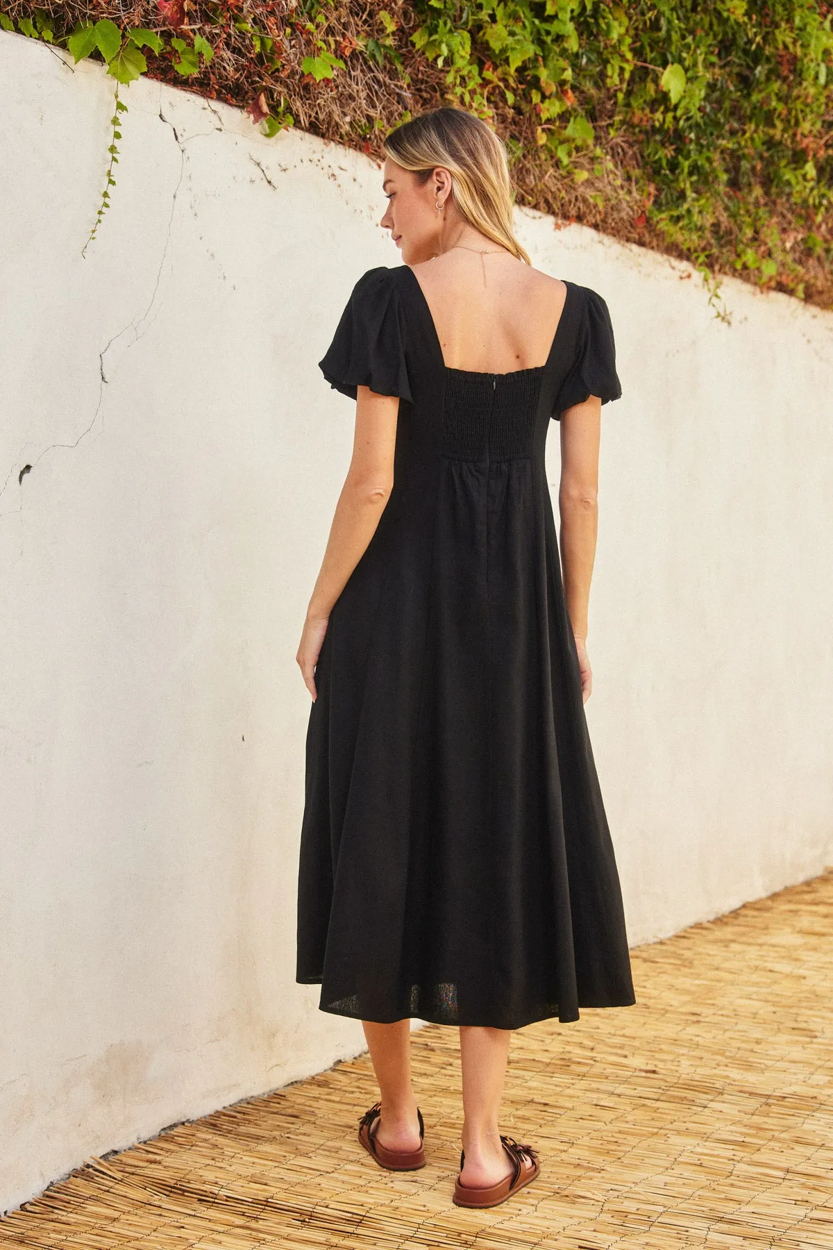 Lyra Linen Puff Sleeve Midi Dress