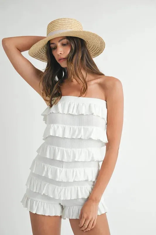 MABLE Pointelle Knit Fabric Ruffled Tube Romper