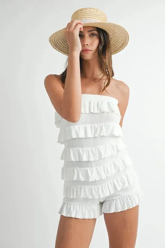MABLE Pointelle Knit Fabric Ruffled Tube Romper
