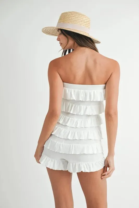 MABLE Pointelle Knit Fabric Ruffled Tube Romper