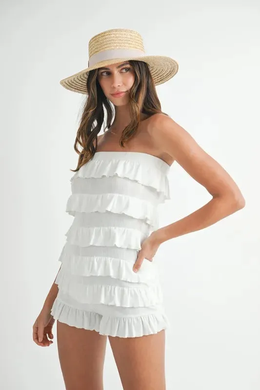 MABLE Pointelle Knit Fabric Ruffled Tube Romper