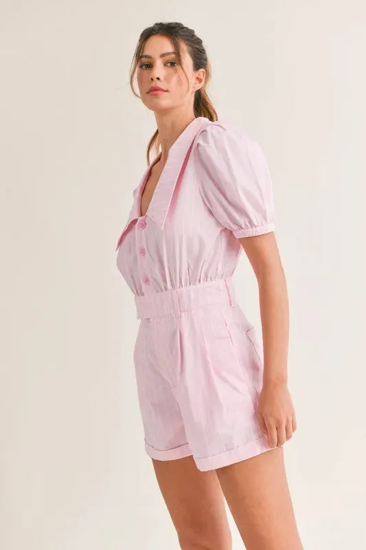 MABLE Striped Puff Sleeve Collared Neck Romper