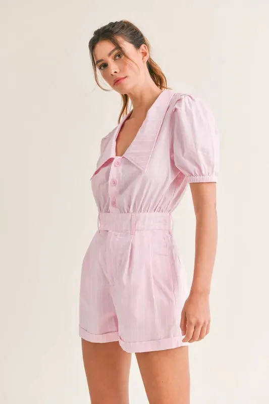 MABLE Striped Puff Sleeve Collared Neck Romper
