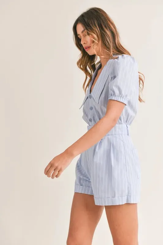 MABLE Striped Puff Sleeve Collared Neck Romper