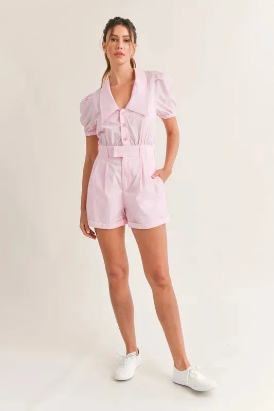 MABLE Striped Puff Sleeve Collared Neck Romper