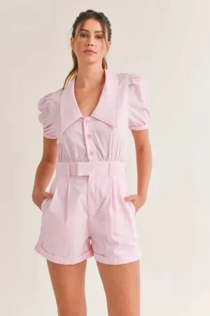 MABLE Striped Puff Sleeve Collared Neck Romper