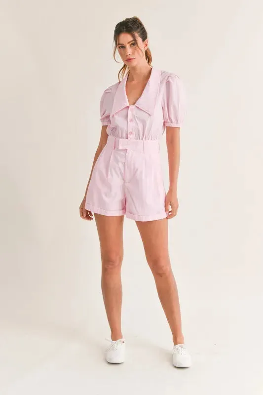 MABLE Striped Puff Sleeve Collared Neck Romper