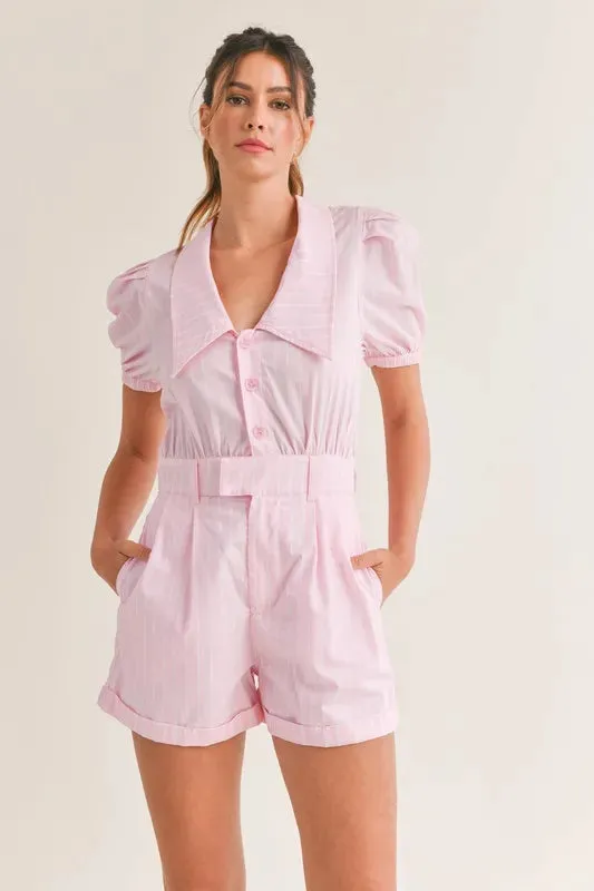 MABLE Striped Puff Sleeve Collared Neck Romper