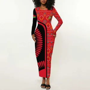 Malawi Patterns African Long Sleeve Bodycon Dress Blended with Flag Colors and National Emblem TS04