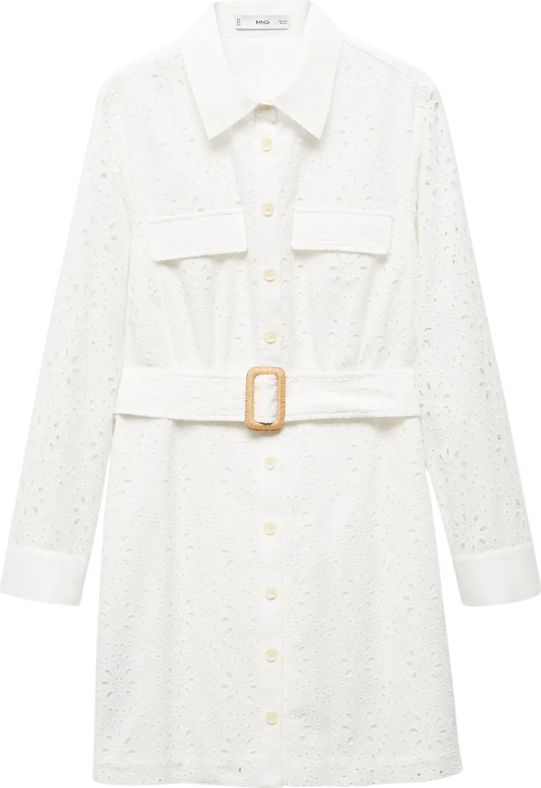 MANGO White Shirly Broiderie Anglaise Mini Shirt Dress UK 20