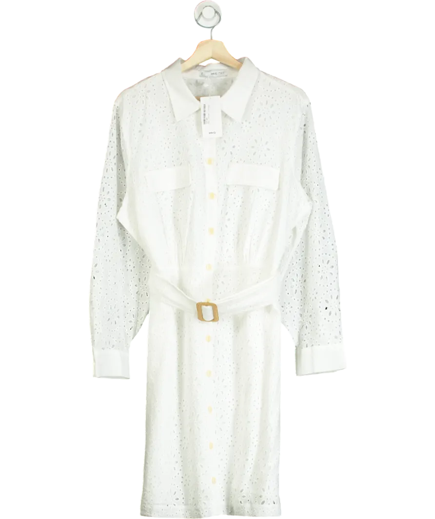 MANGO White Shirly Broiderie Anglaise Mini Shirt Dress UK 20