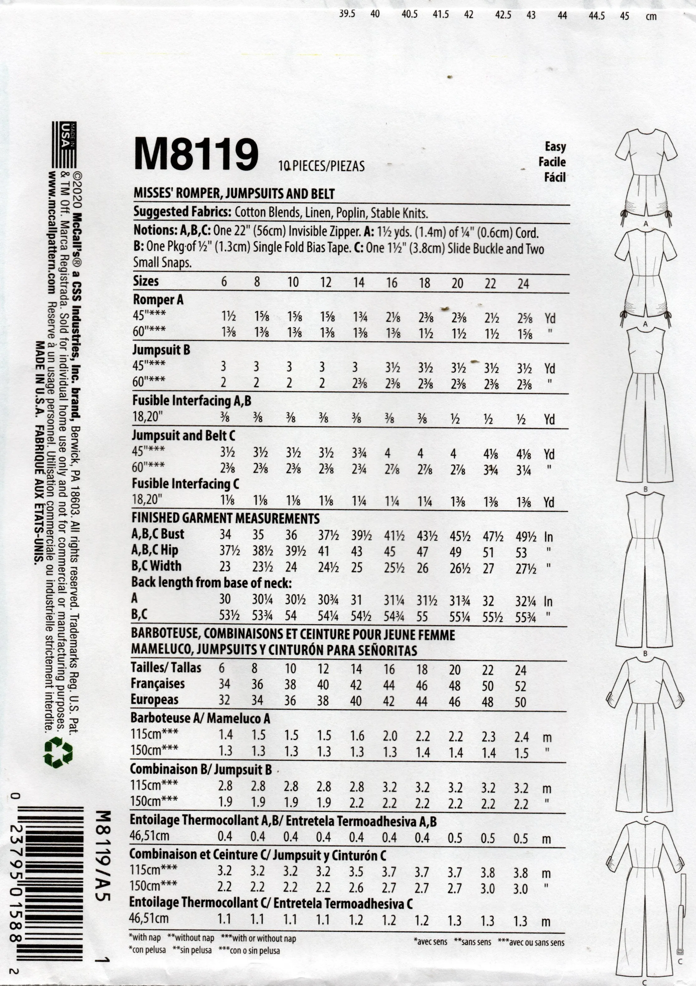McCall's M8119 Womens #MarlowMcCalls Jumpsuits Sewing Pattern Sizes 6 - 14 UNCUT Factory Folded