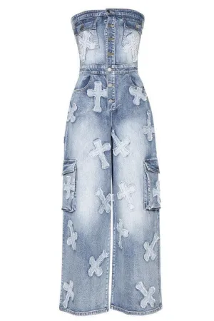 MEDIUM WASHED TUBE CARGO JUMPSUIT WITH CROSS PATCH