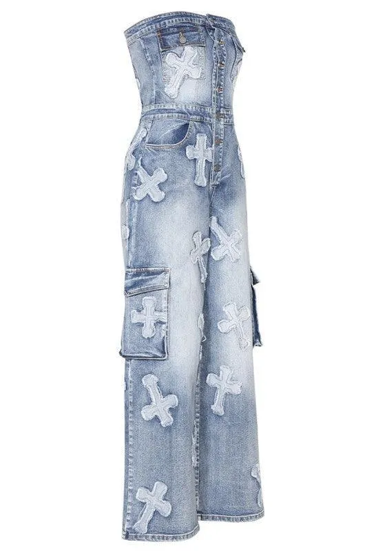MEDIUM WASHED TUBE CARGO JUMPSUIT WITH CROSS PATCH
