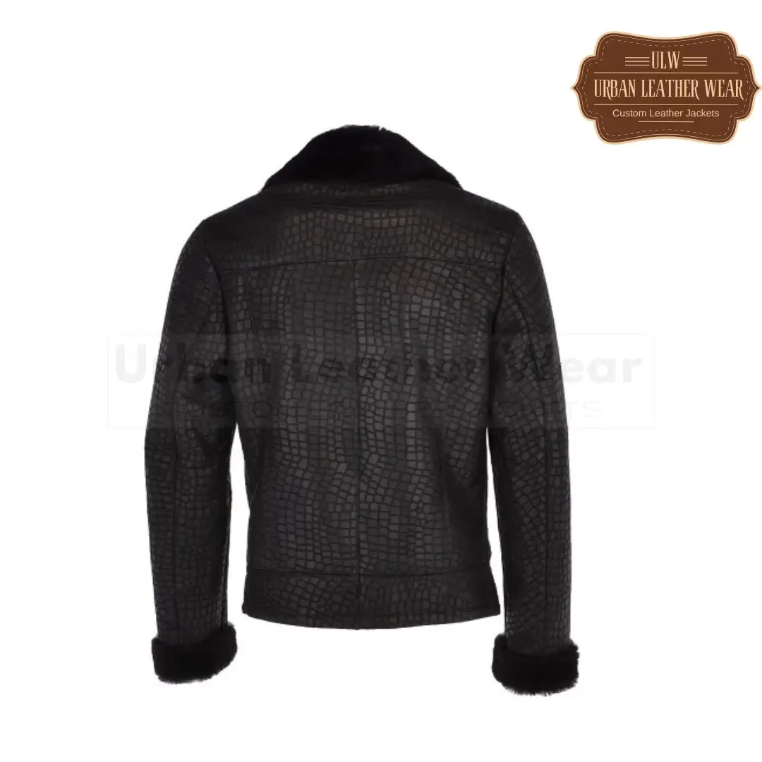 Men Crocodile Print Shearling Leather Coat Black