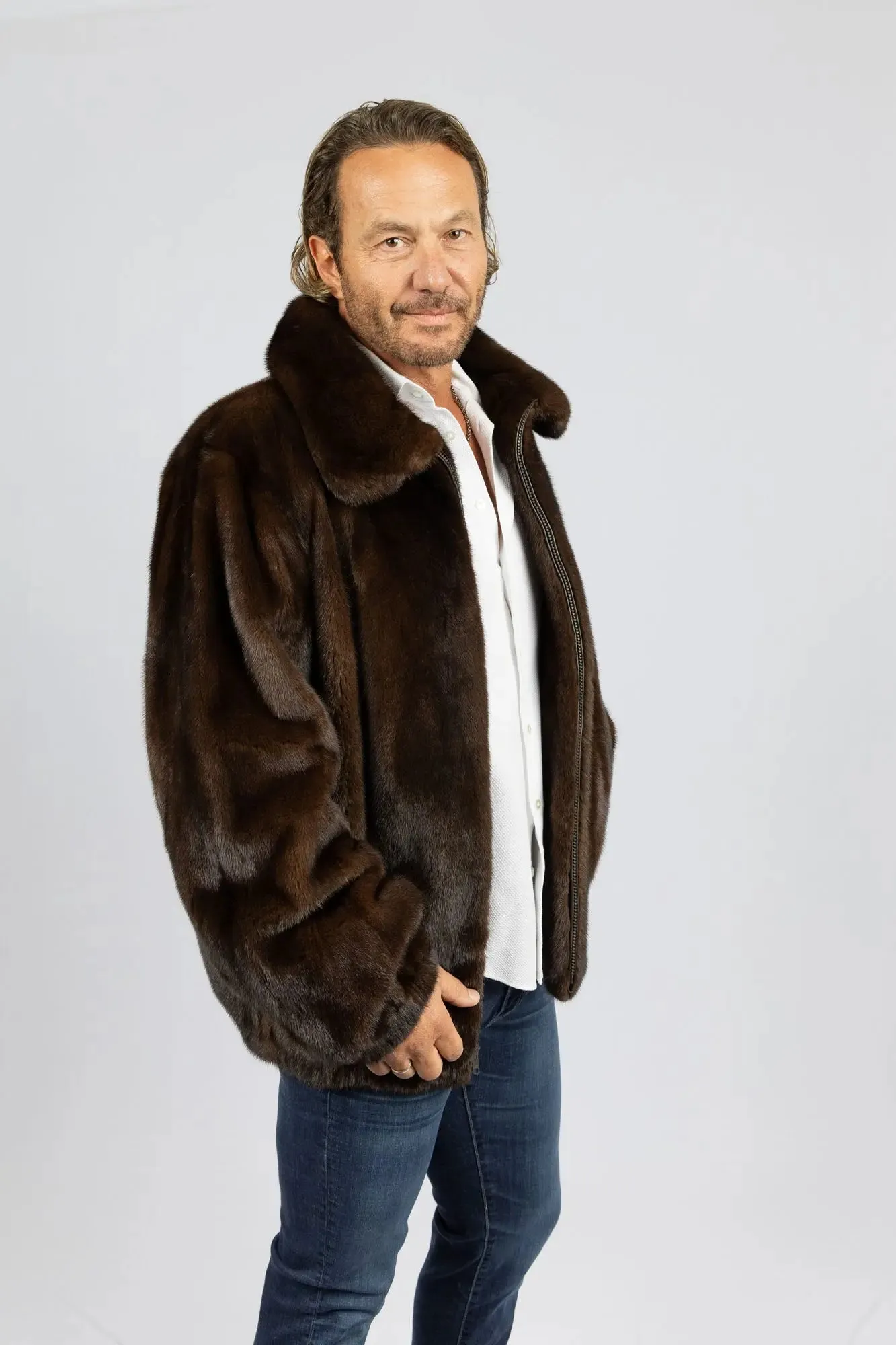 Men's Mahogany Full Skin Mink Bomber Jacket