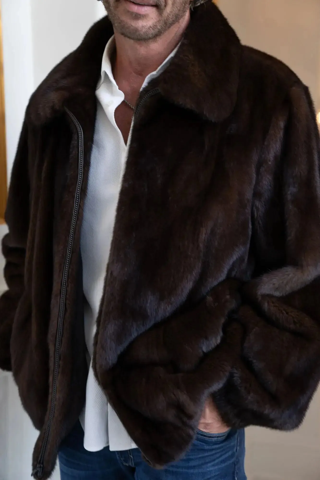 Men's Mahogany Full Skin Mink Bomber Jacket