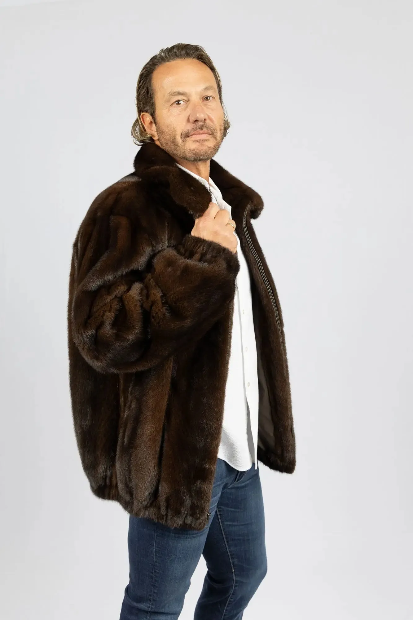 Men's Mahogany Full Skin Mink Bomber Jacket