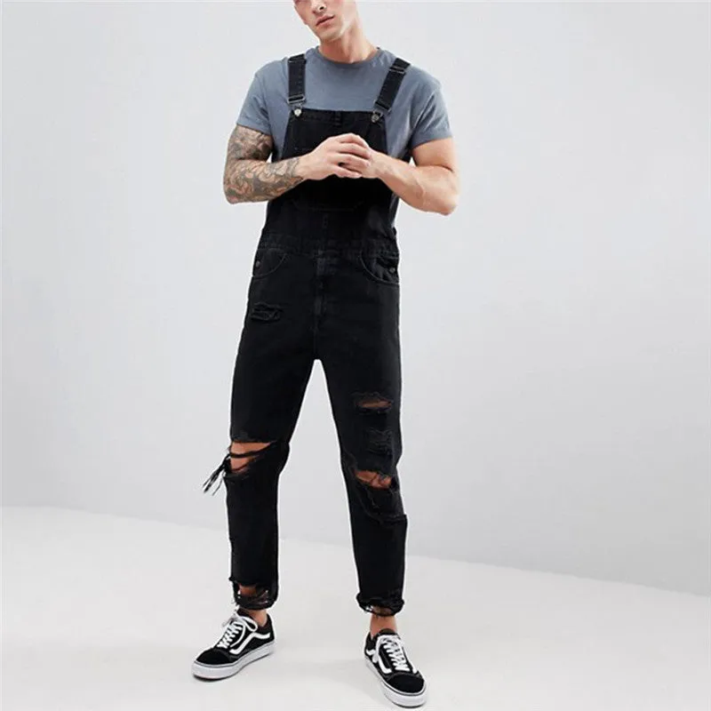 Men's Overalls Ripped Jeans Skinny Jumpsuits Denim Trousers