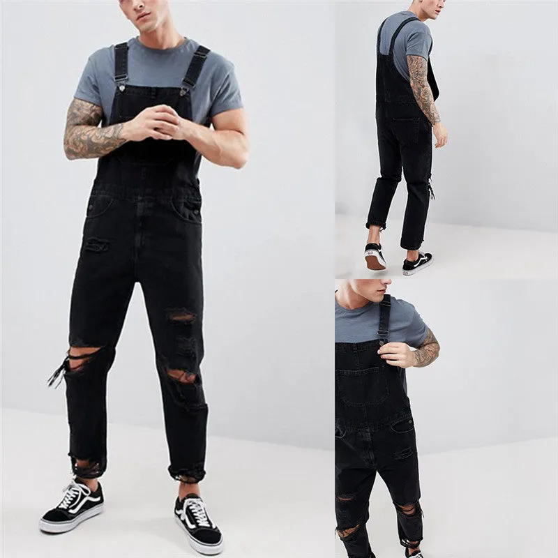 Men's Overalls Ripped Jeans Skinny Jumpsuits Denim Trousers