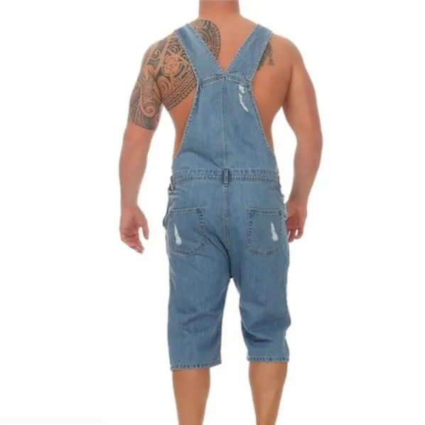 Men's Ripped Jeans Romper Shorts Sleeveless Denim Jumpsuit Shortalls
