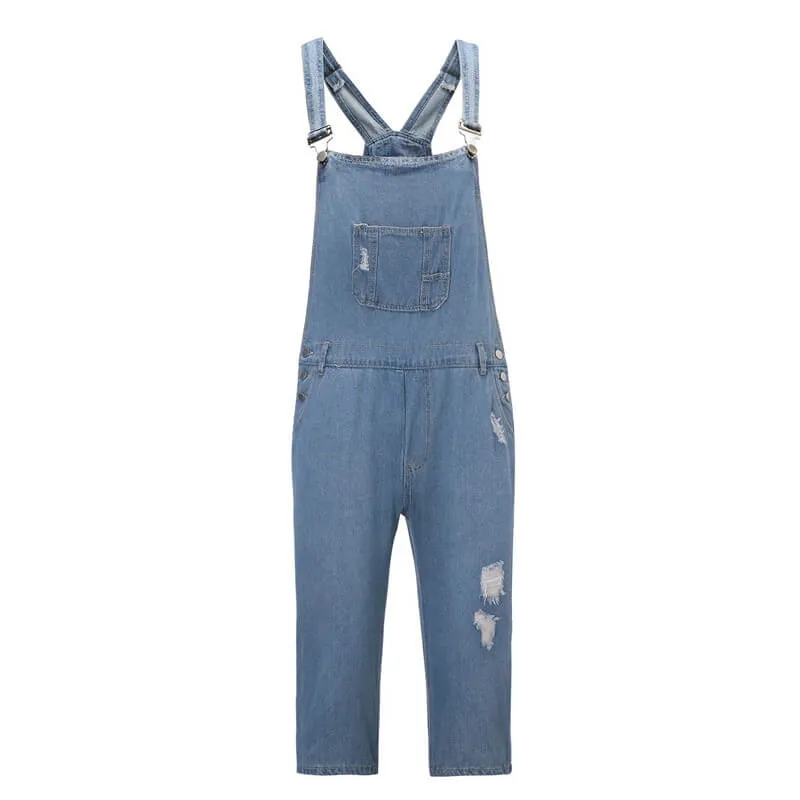 Men's Ripped Jeans Romper Shorts Sleeveless Denim Jumpsuit Shortalls
