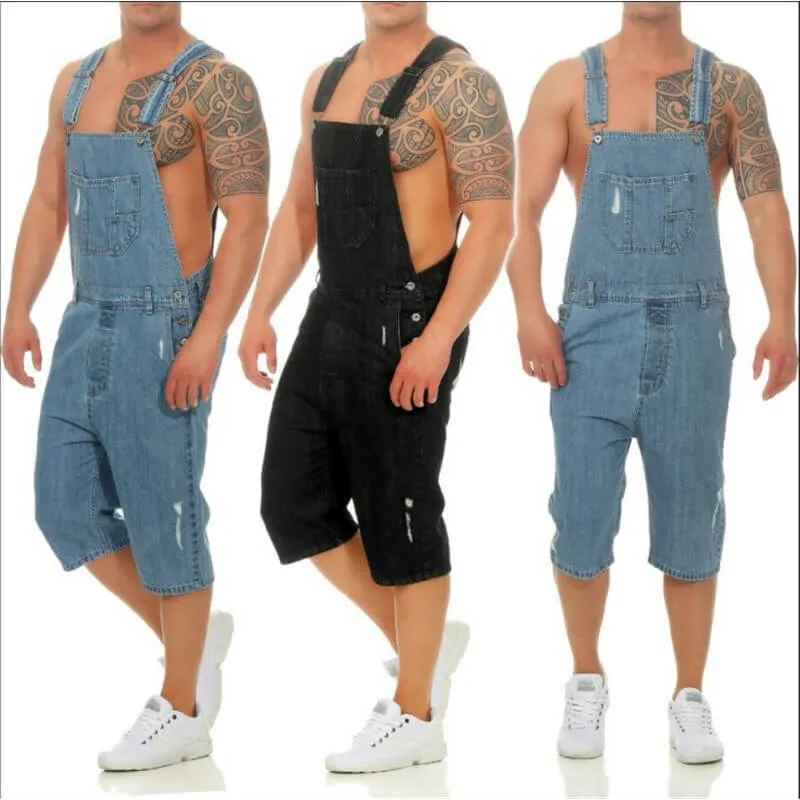 Men's Ripped Jeans Romper Shorts Sleeveless Denim Jumpsuit Shortalls