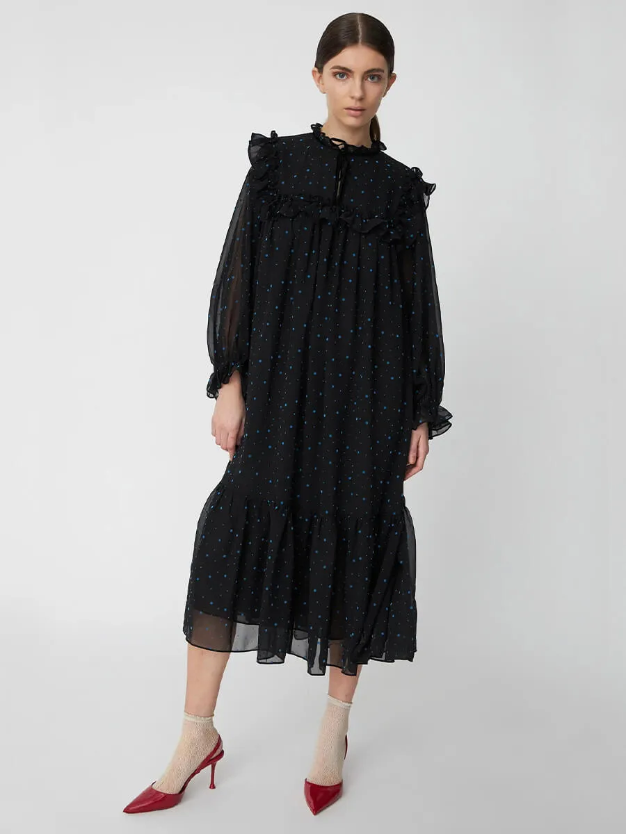 Midi Flock Printed Flounce Dress - Black/Blue