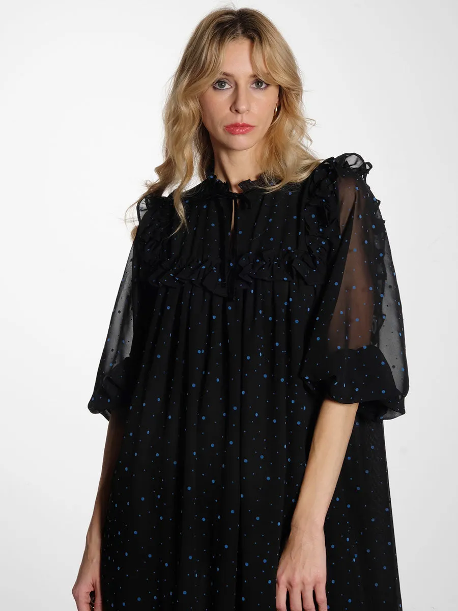 Midi Flock Printed Flounce Dress - Black/Blue