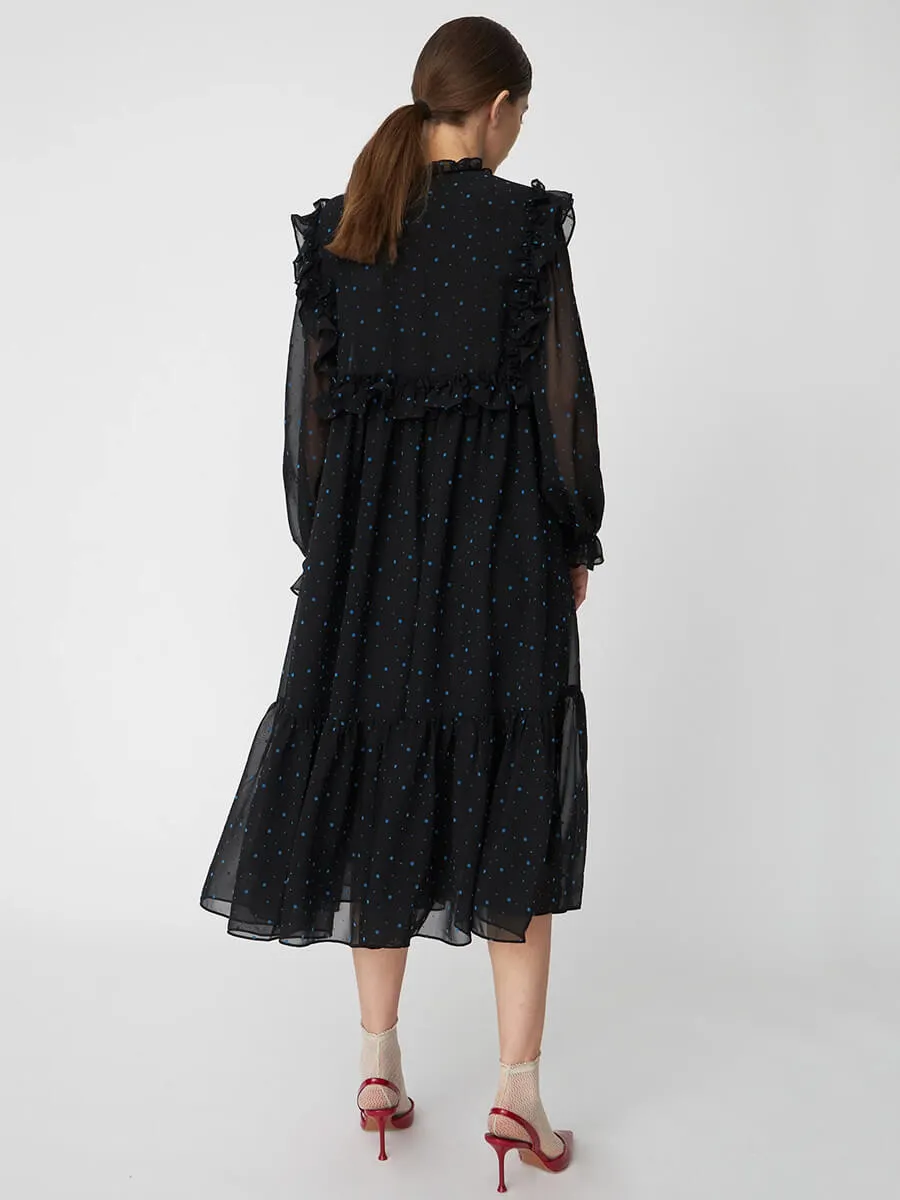 Midi Flock Printed Flounce Dress - Black/Blue