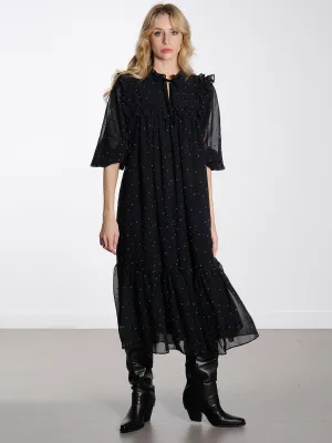 Midi Flock Printed Flounce Dress - Black/Blue