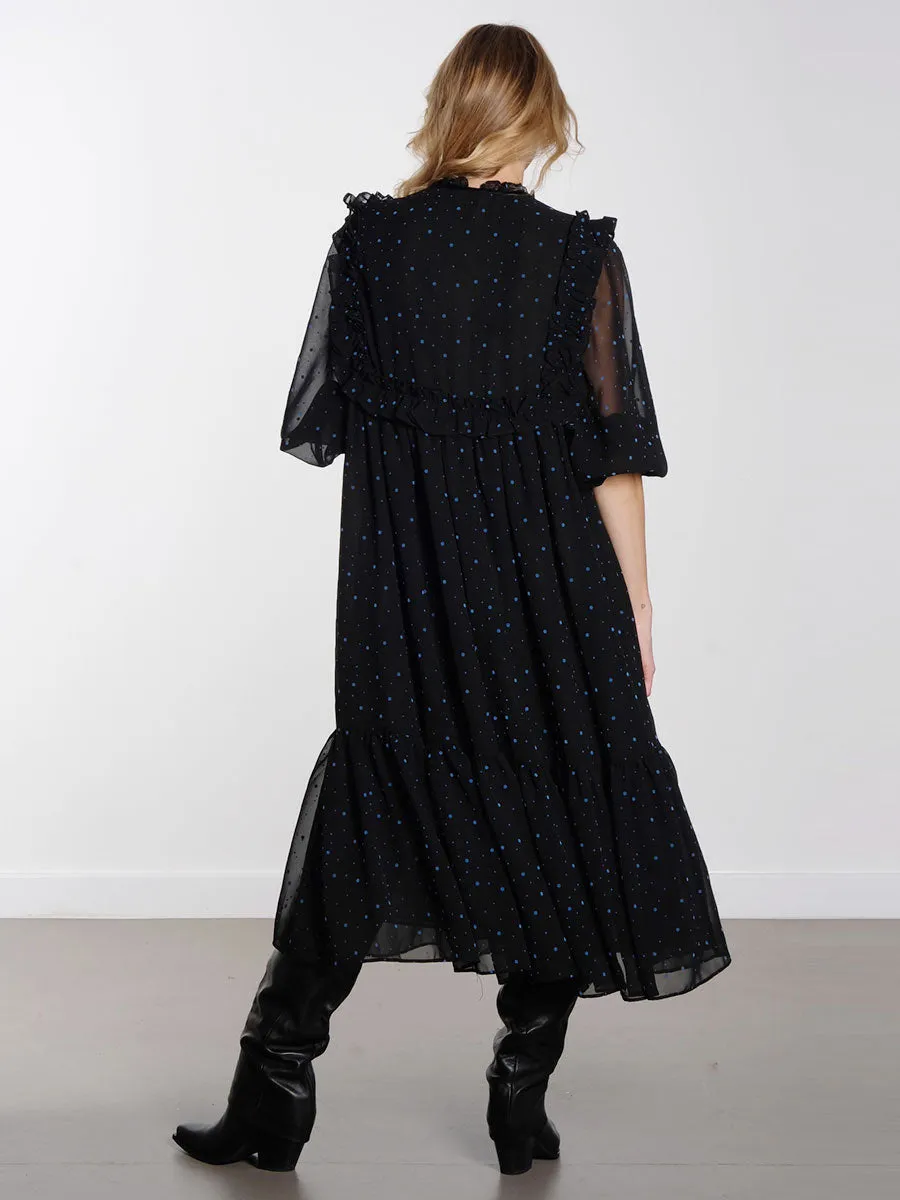 Midi Flock Printed Flounce Dress - Black/Blue