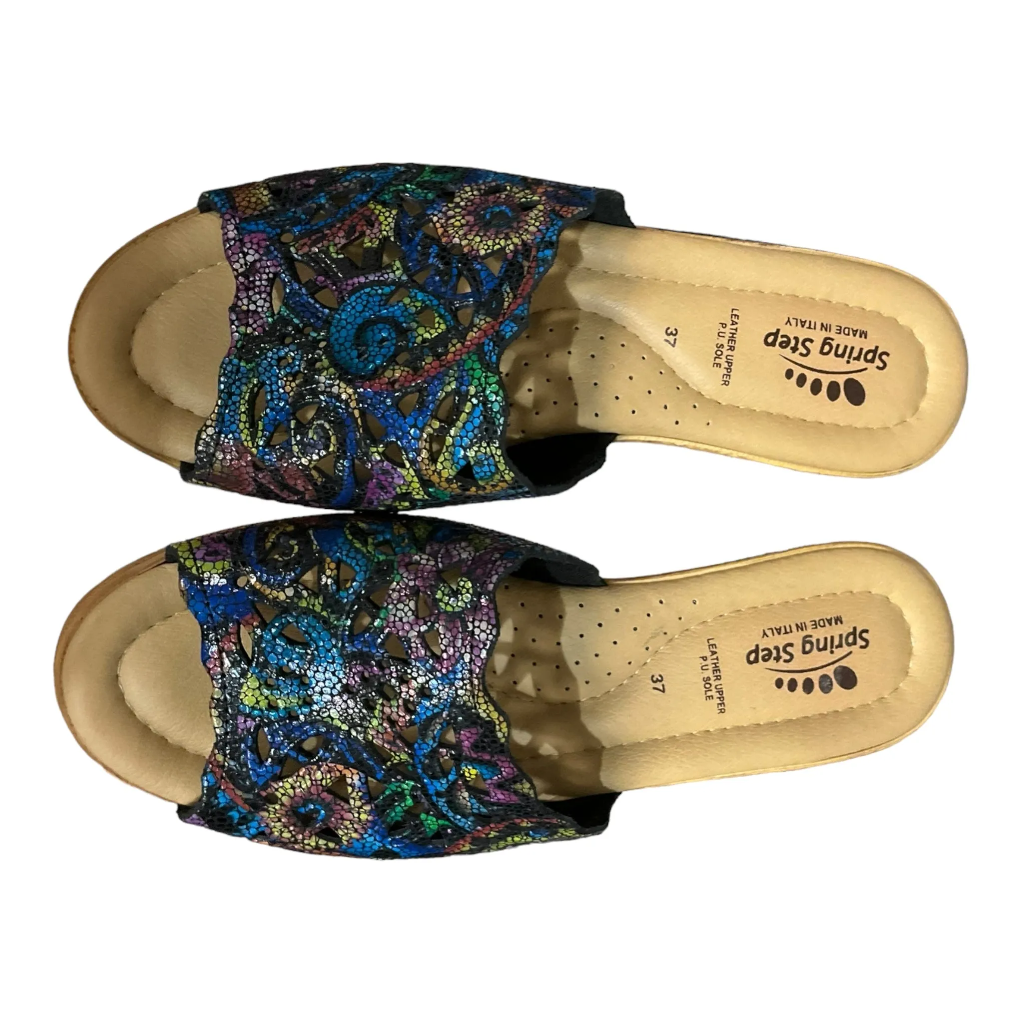 Multi-colored Sandals Heels Wedge Spring Step, Size 7