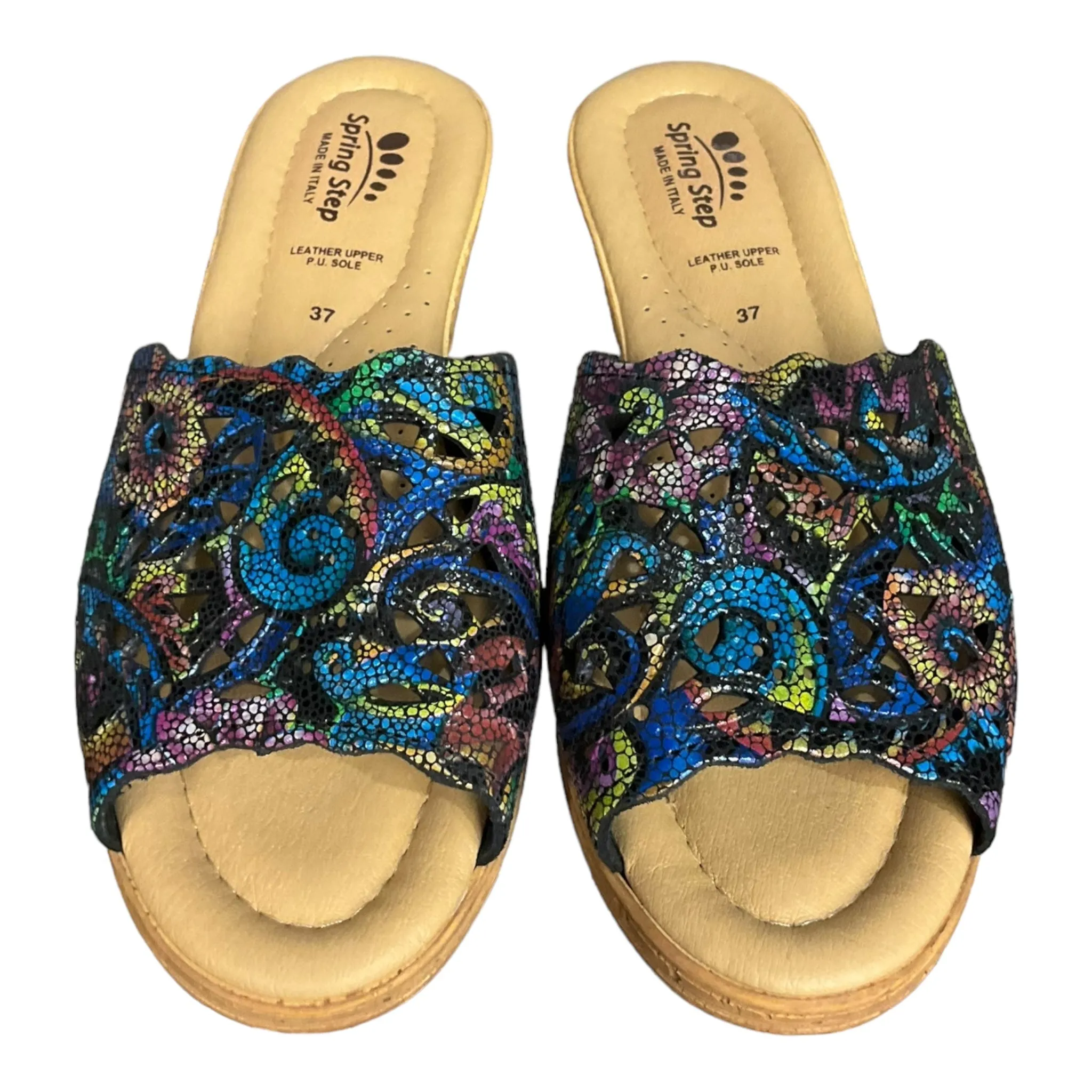 Multi-colored Sandals Heels Wedge Spring Step, Size 7