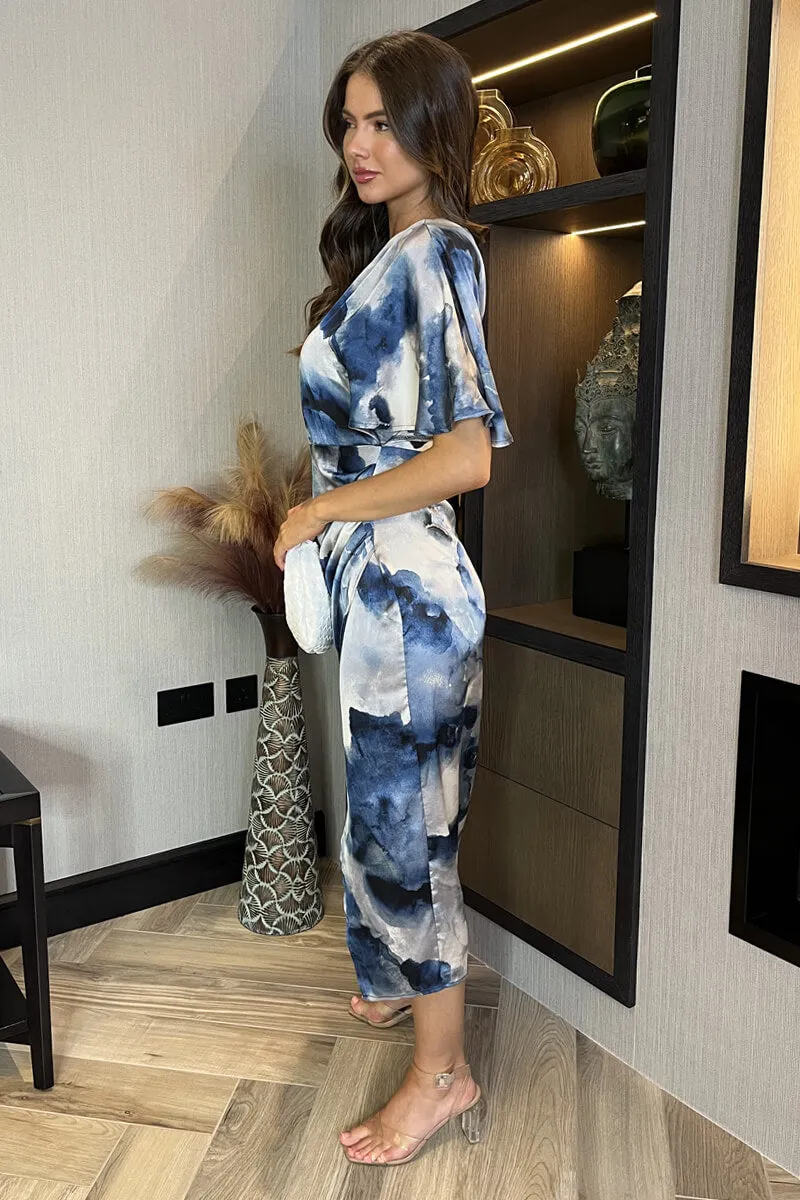 Navy Marble Print One Shoulder Wrap Skirt Midi Dress