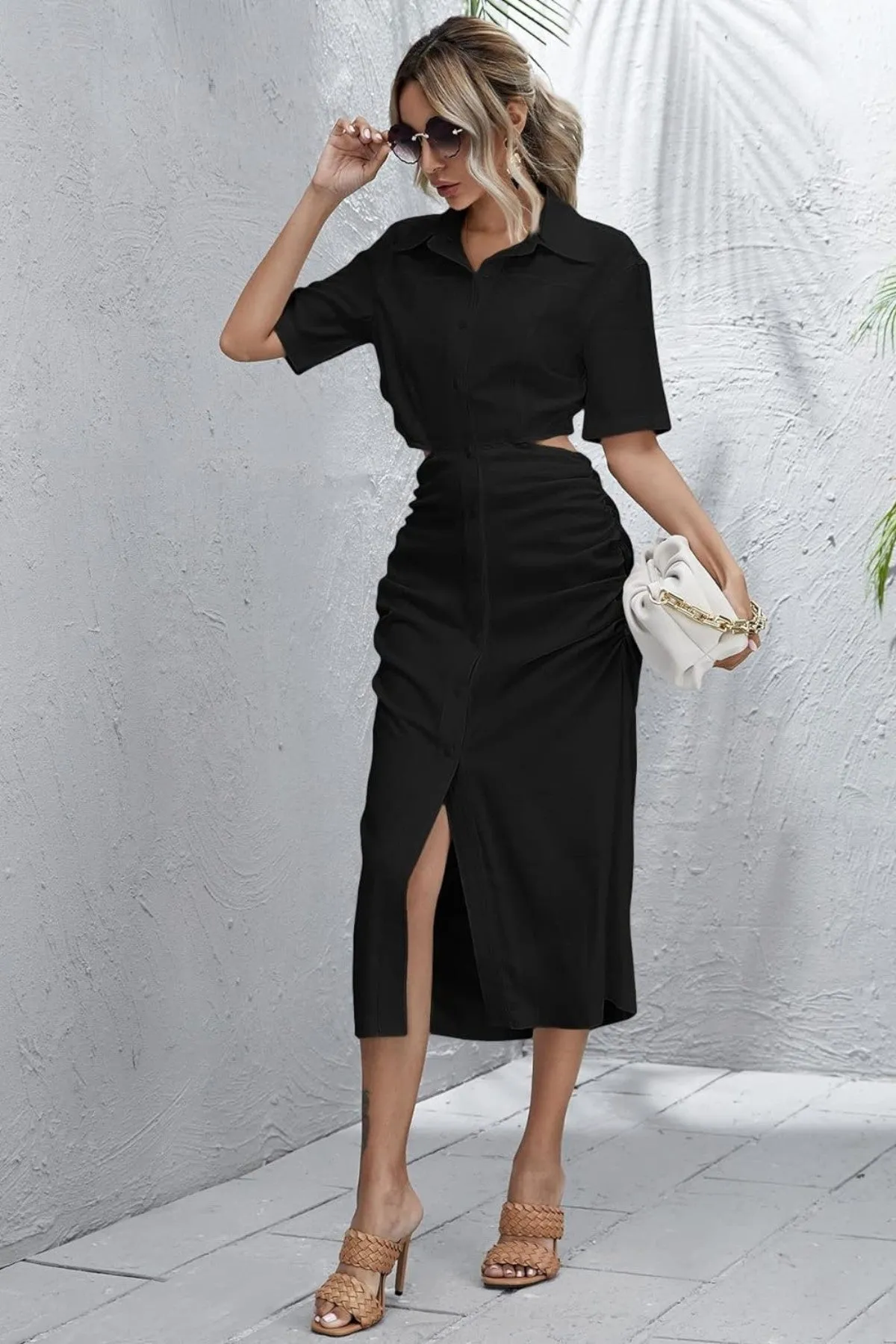 OAKLEY Open-Back Button-Down Ruched Sides Midi Dress (Black)