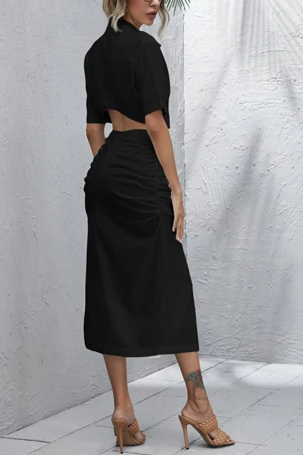 OAKLEY Open-Back Button-Down Ruched Sides Midi Dress (Black)
