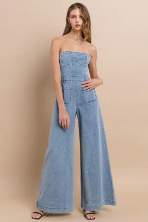 OFF SHOULDER WIDE LEG DENIM JUMPSUIT