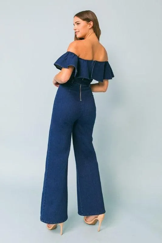 Off-the-shoulder denim jumpsuit with ruffled