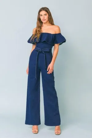 Off-the-shoulder denim jumpsuit with ruffled