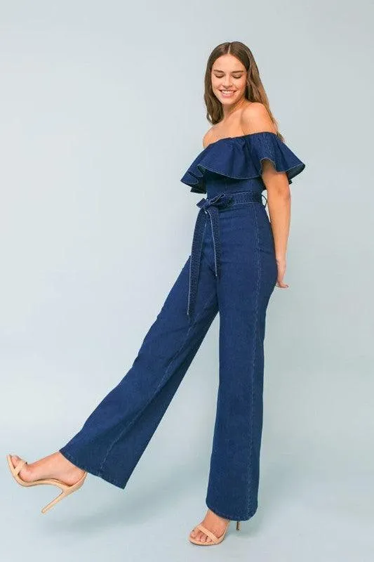 Off-the-shoulder denim jumpsuit with ruffled