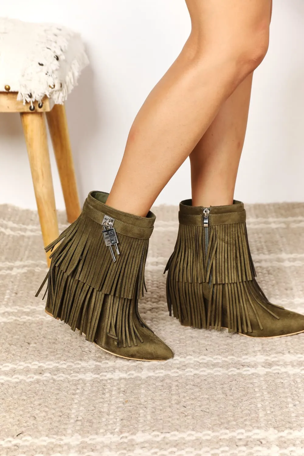 Olive Green Tassel Wedge Heel Ankle Booties