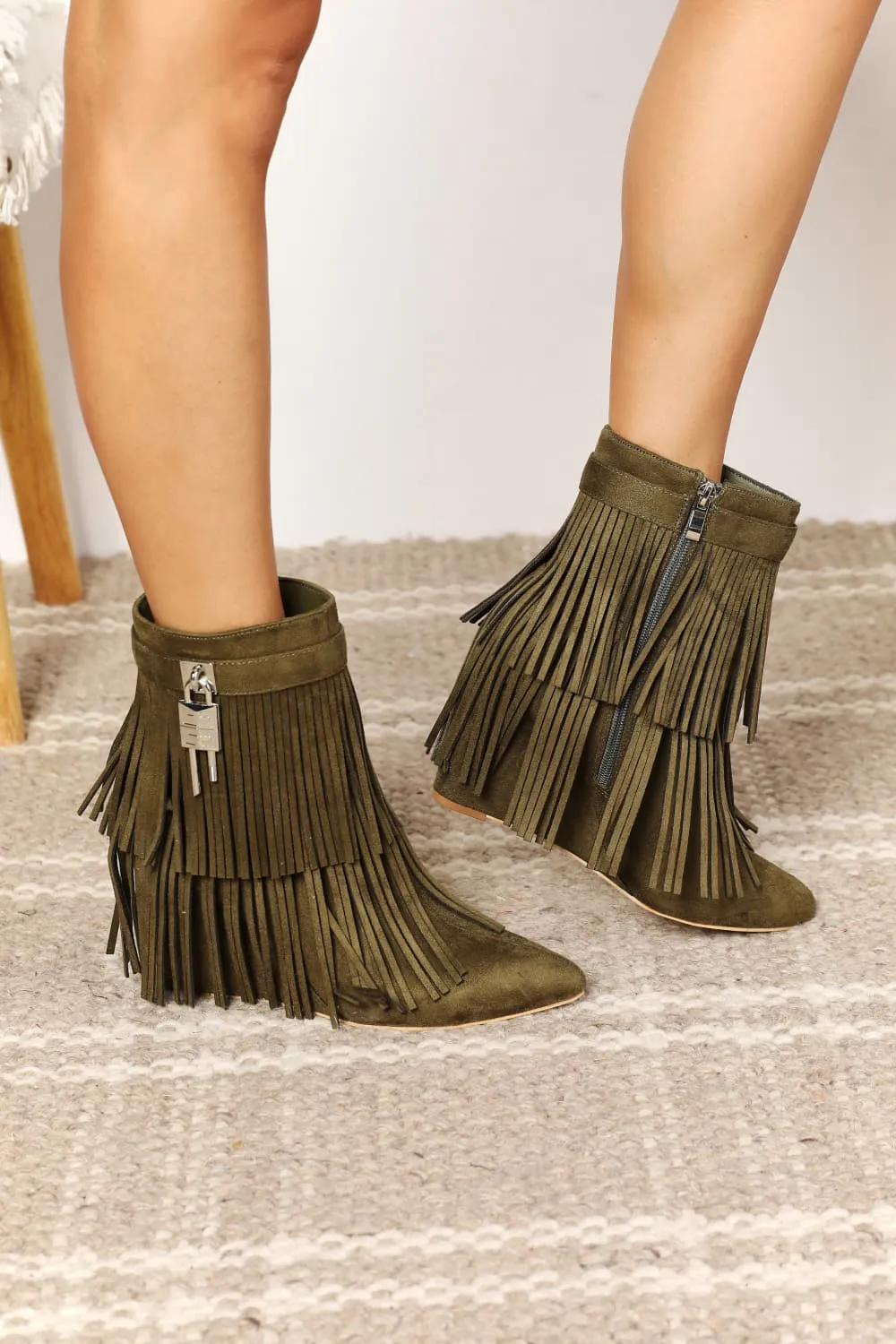 Olive Green Tassel Wedge Heel Ankle Booties