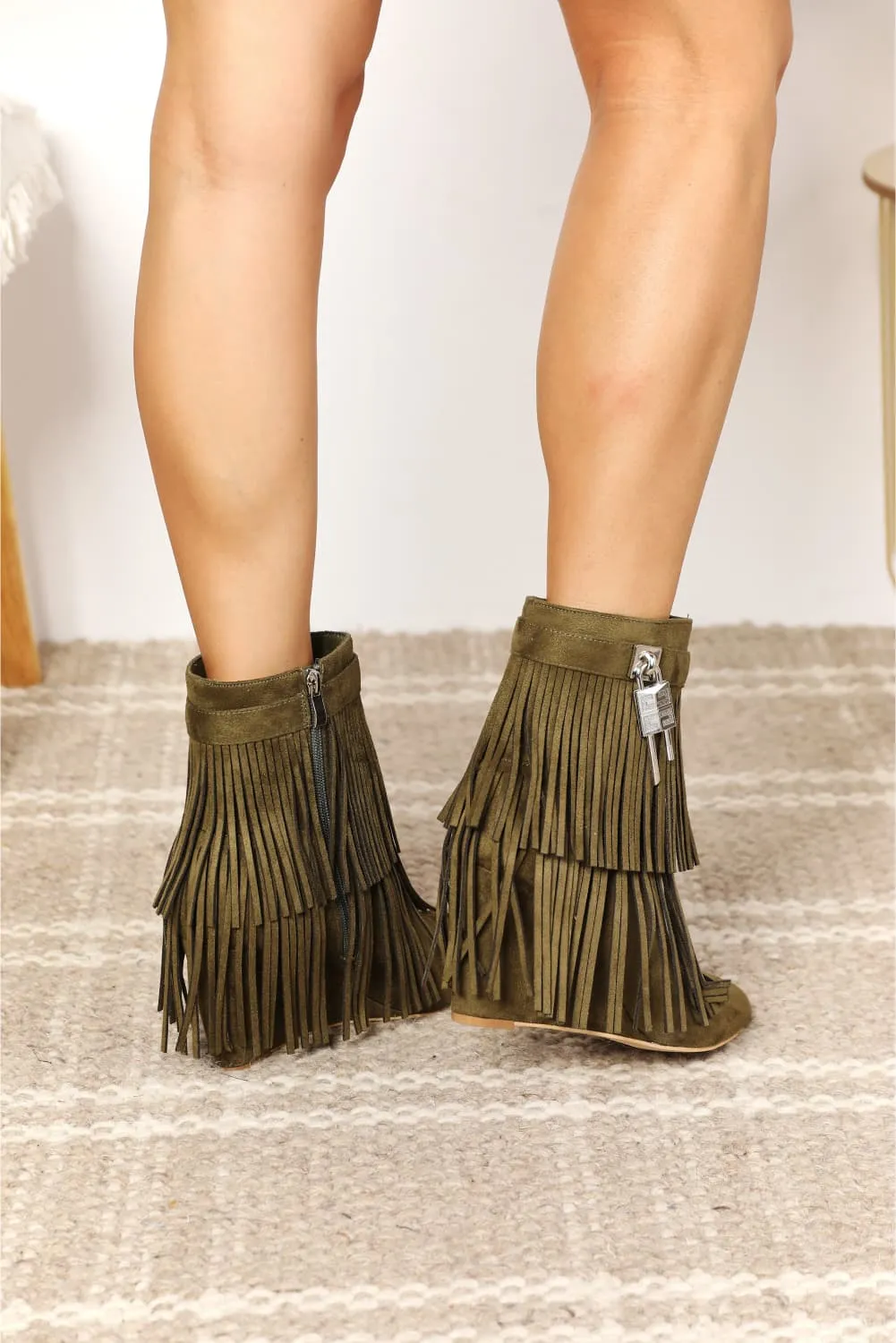 Olive Green Tassel Wedge Heel Ankle Booties