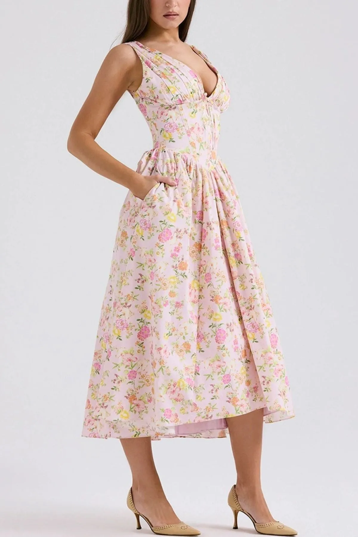 OPHELIA Floral Bustier A-Line Midi Dress (Pink)