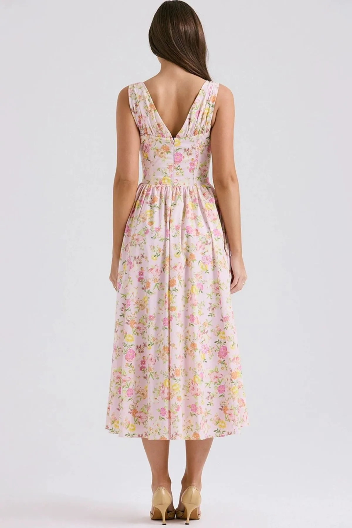 OPHELIA Floral Bustier A-Line Midi Dress (Pink)