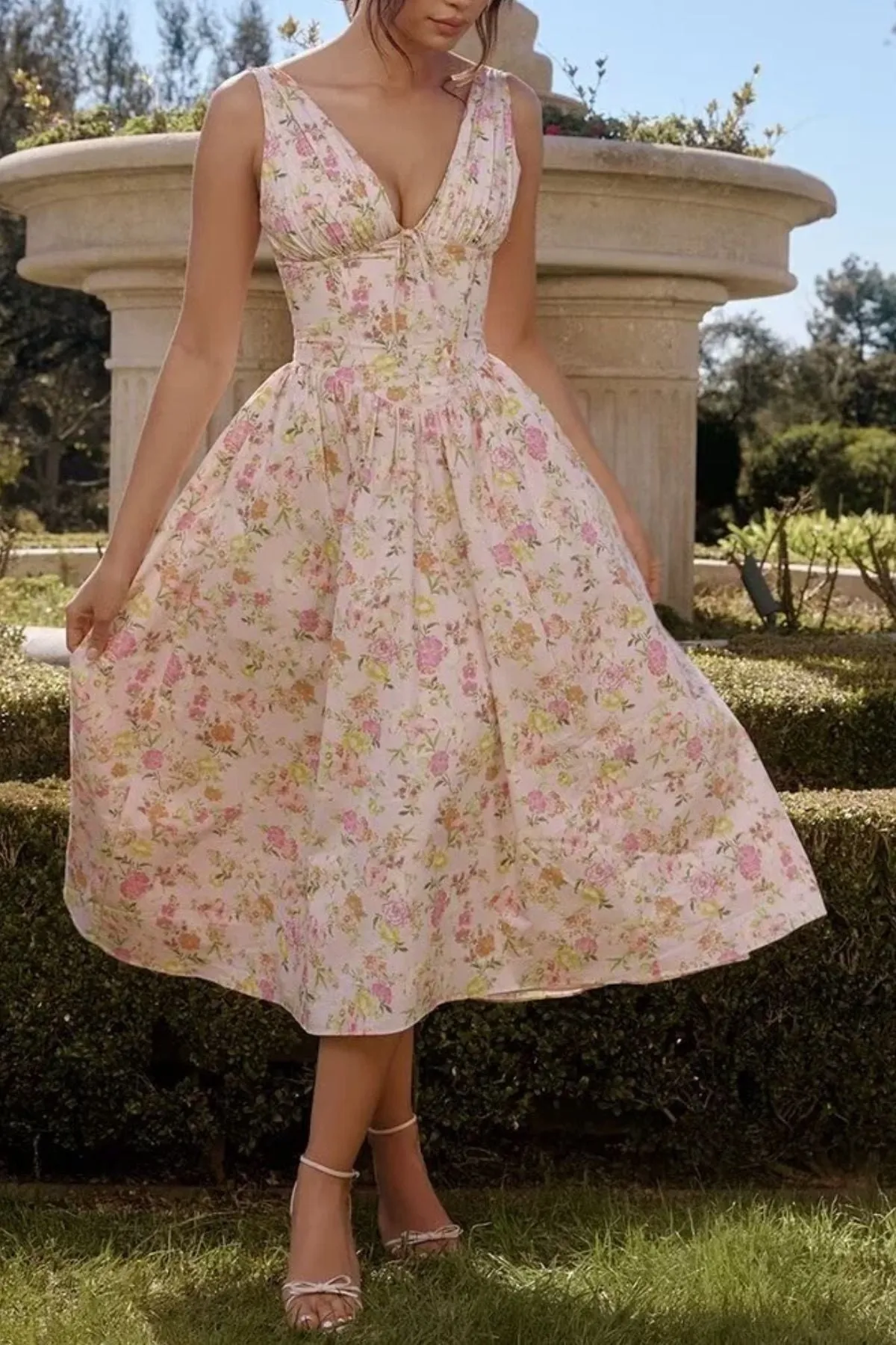 OPHELIA Floral Bustier A-Line Midi Dress (Pink)