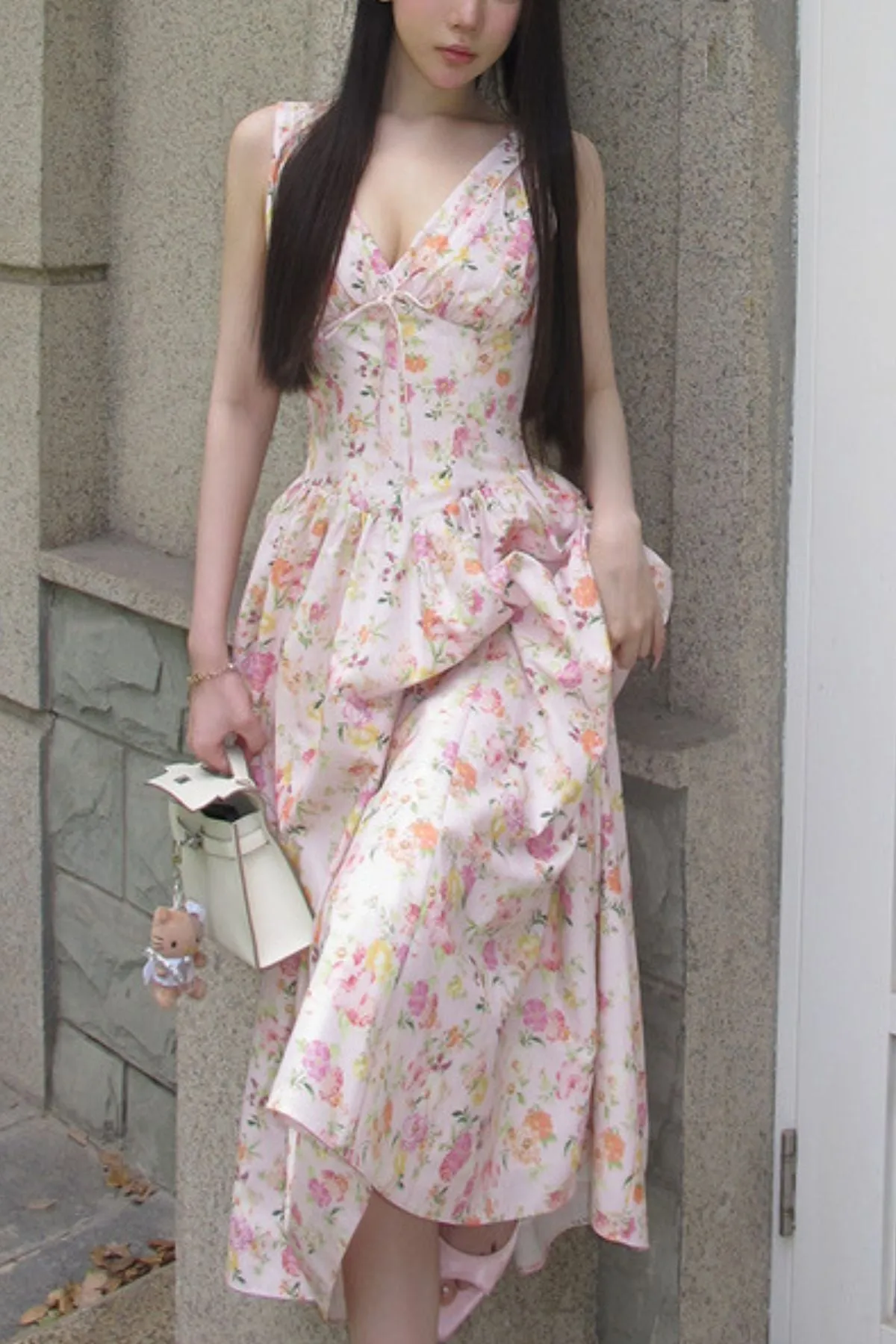 OPHELIA Floral Bustier A-Line Midi Dress (Pink)