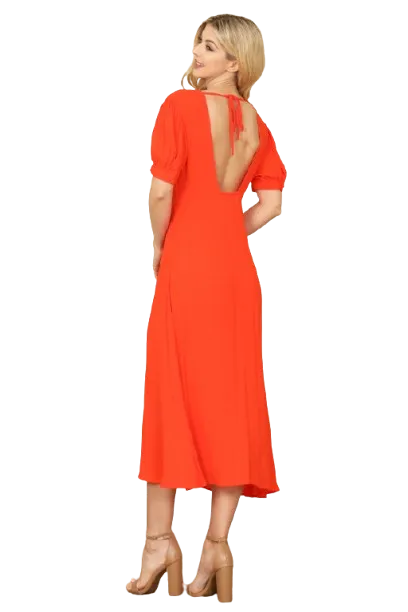 Orange Solid Puff Short Sleeve V Neck Midi Dress - Pack of 5