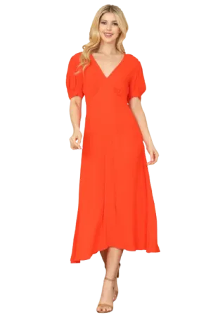 Orange Solid Puff Short Sleeve V Neck Midi Dress - Pack of 5